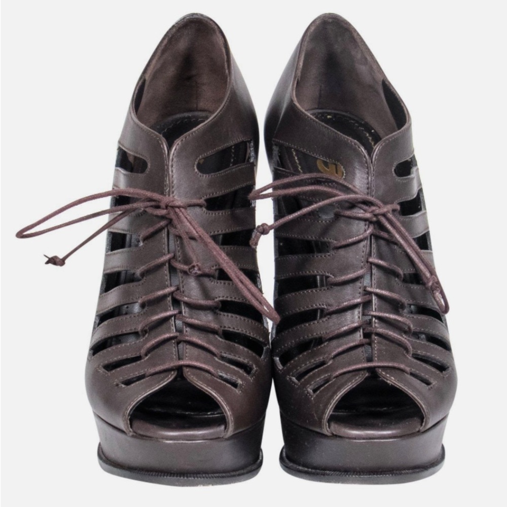 YSL Hortenese Brown Leather Wedges - Size 8.5